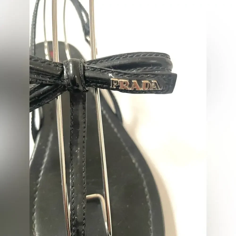 Prada Black Patent leather bow tie logo embellished T strap flat sandals EU 39.5 - Picture 4 of 13